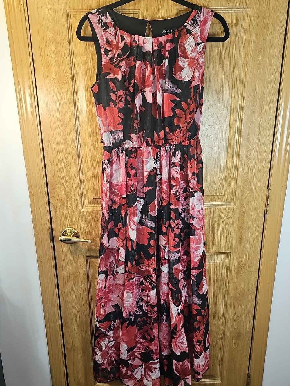 Sleeveless Black Maxi Dress with Pink & Red Floral Print